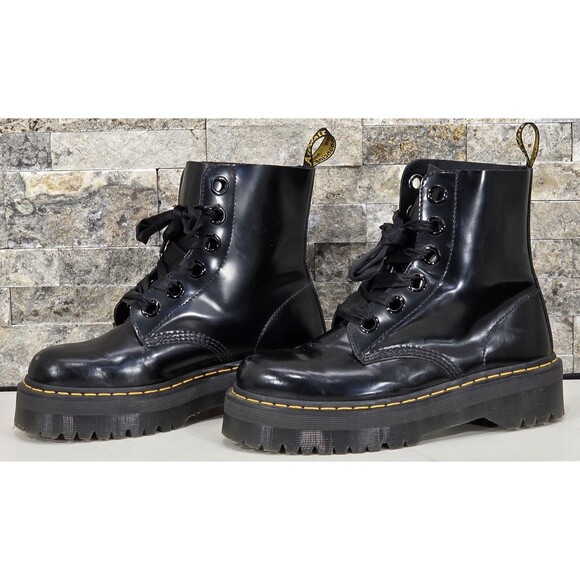 Dr. Martens Molly Leather Platform Boots Satin Ribbon Black Combat Womens 11 - Picture 9 of 15